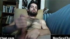 Jerking off with his hairy cock