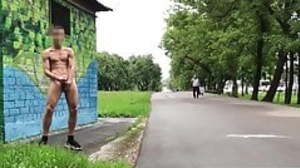 Risky jerking off in a city alley full naked