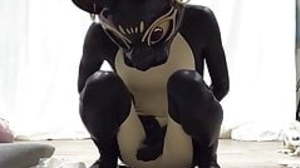 Rubber bastet cums in his latex catsuit with magic