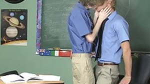 Twinks make out and then perform doggy in school..