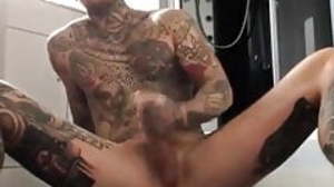 blond tattooed stumbling-block wanks and cums in